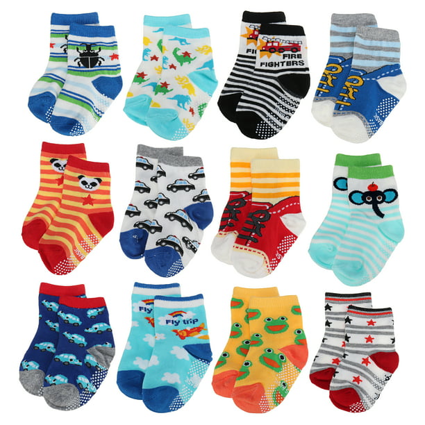 Baby Boy Socks 12-24 Months 12 Pack Cotton with Grips Toddler Anti Slip Ankle Walker Crew Socks 